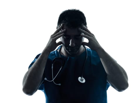 one caucasian man doctor surgeon medical worker tired headache silhouette isolated on white background