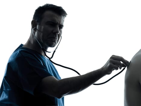 one caucasian man doctor surgeon medical worker stethoscope hearbeat  silhouette isolated on white background