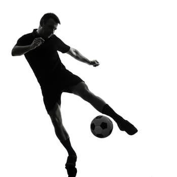 one man soccer player in studio silhouette isolated on white background