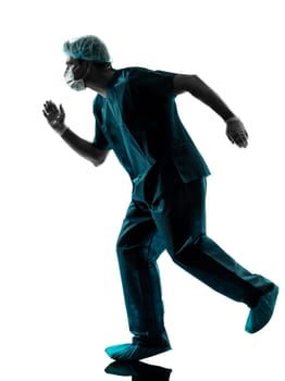 one caucasian man doctor surgeon medical worker running urgency  silhouette isolated on white background