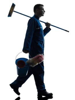 one caucasian janitor cleaner cleaning silhouette in studio on white background