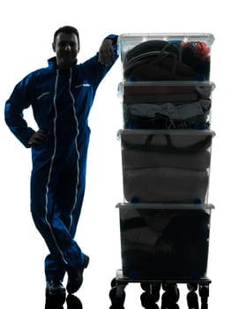 mover with boxes silhouette  worker silhouette in studio on white background
