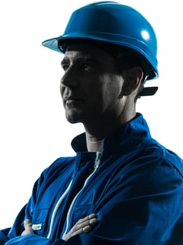 one caucasian man construction worker smiling silhouette portrait in studio on white background