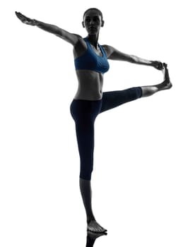 one caucasian woman exercising yoga Hasta Padangusthasana in silhouette studio isolated on white background