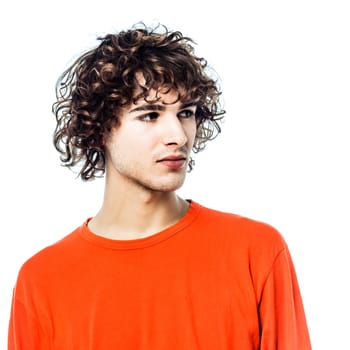 one young man caucasian looking away portrait  in studio white background