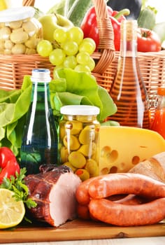 Composition with variety of grocery products including vegetable, fruits, meat, dairy and wine