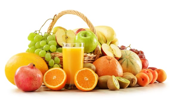 Composition with assorted fruits in wicker basket isolated on white