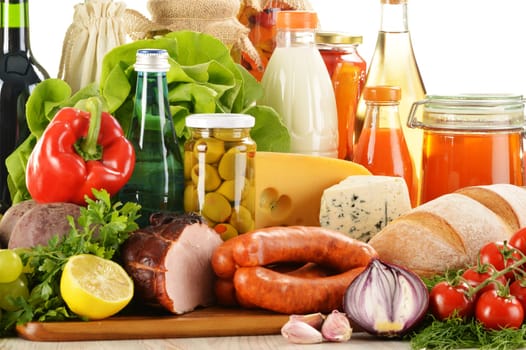 Composition with variety of grocery products including vegetable, fruits, meat, dairy and wine