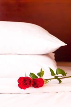 Romantic setting on a bed with red roses.