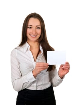 Businesswoman holding business card