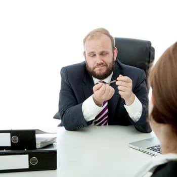 beard business man brunette woman at desk file nails ignore woman