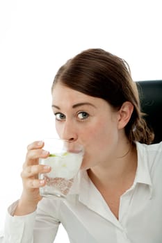 young brunette business woman dringing water