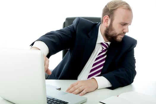 beared business man fear news laptop