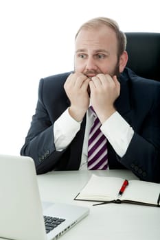 beard business man fear behind laptop