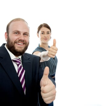 young brunette woman and beard business man thumbs up