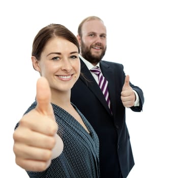 young brunette woman and beard business man thumbs up