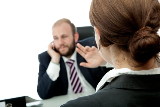 beard business man brunette woman at desk sign be quiet