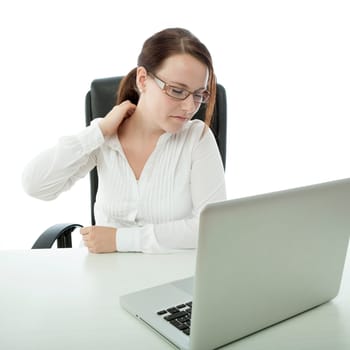 young brunette businesswoman with glasses has pain in neck
