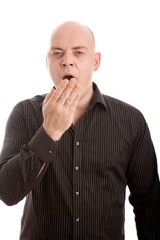 bald man on white background is tired and yawn