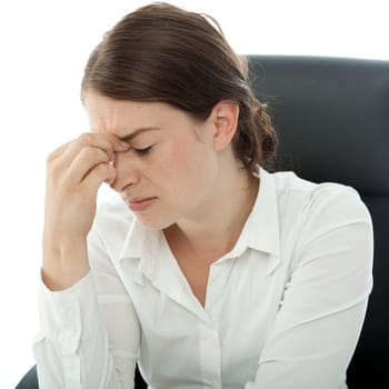 young brunette business woman headache touch head with finger
