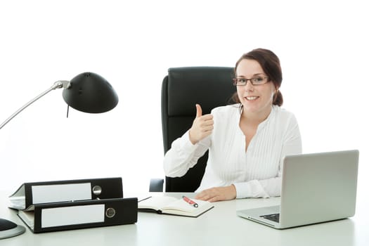 young brunette businesswoman with glasses thumb up