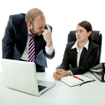 beard business man brunette woman at desk think employee stupid