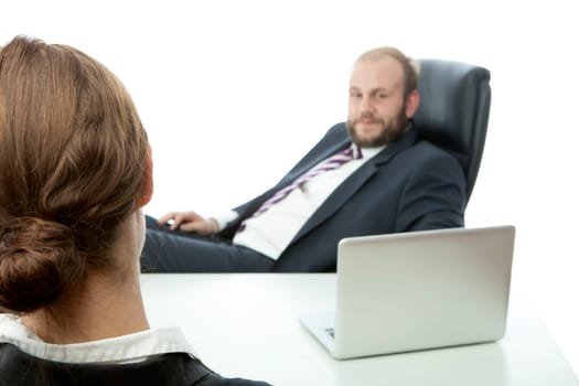 beard business man brunette woman at desk ignore