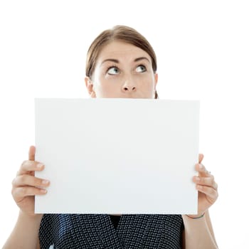 young brunette woman holds a blank page