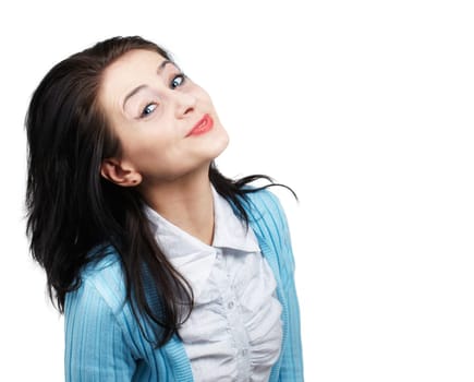 Portrait of a beautiful young woman with a funny face isolated on white.