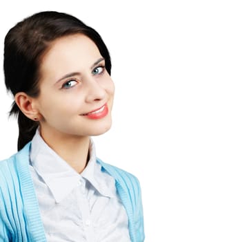 Portrait of a beautiful young woman with blue sweater isolated on white.