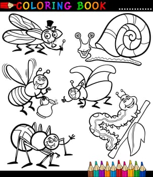 Black and White Coloring Book or Page Cartoon Illustration Set of Funny Insects and Bugs for Children