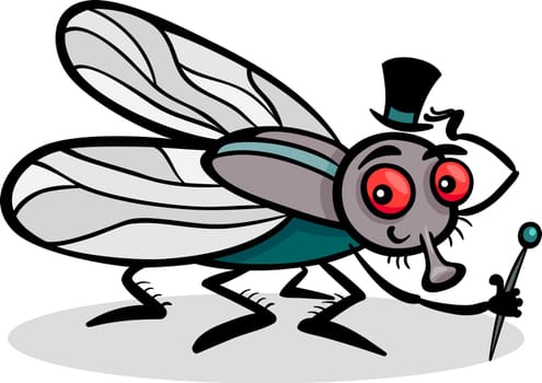 Cartoon Illustration of Funny Fly or Housefly with Hat and Cane