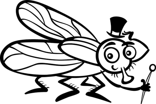 Black and White Cartoon Illustration of Funny Fly or Housefly with Hat and Cane for Coloring Book