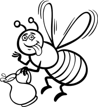 Black and White Cartoon Illustration of Funny Bee with Pot of Honey or Nectar for Coloring Book
