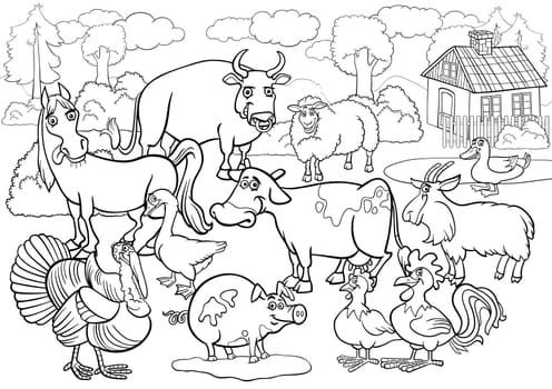 Black and White Cartoon Illustration of Country Scene with Farm Animals Livestock Big Group for Coloring Book
