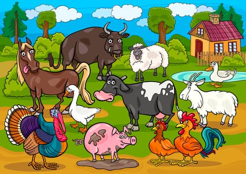 Cartoon Illustration of Country Scene with Farm Animals Livestock Big Group