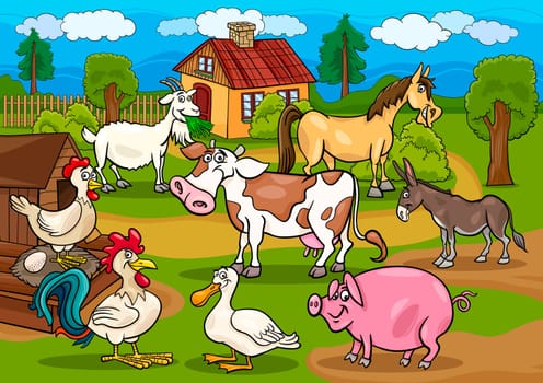 Cartoon Illustration of Rural Scene with Farm Animals Livestock Big Group