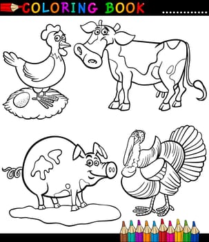 Black and White Coloring Book or Page Cartoon Illustration Set of Funny Farm and Livestock Animals for Children