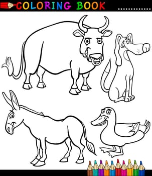 Black and White Coloring Book or Page Cartoon Illustration Set of Funny Farm and Livestock Animals for Children