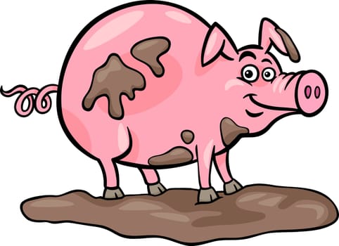 Cartoon Illustration of Funny Pig Farm Animal in Mud