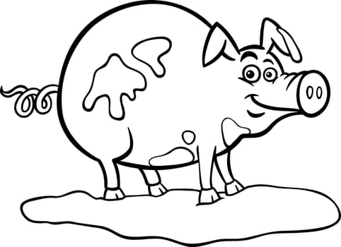 Black and White Cartoon Illustration of Funny Pig Farm Animal in Mud for Coloring Book