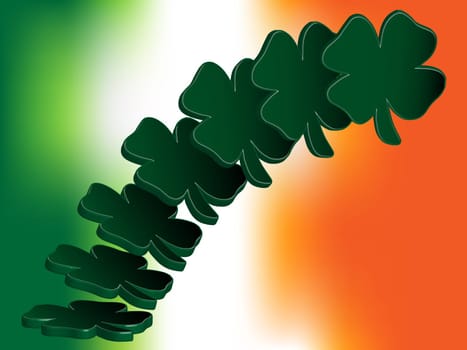 3D four leaf clovers fly upright on a background consisting of the colors of the Irish national flag