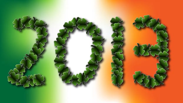2013 in four leaf clovers over an Irish flag colored background