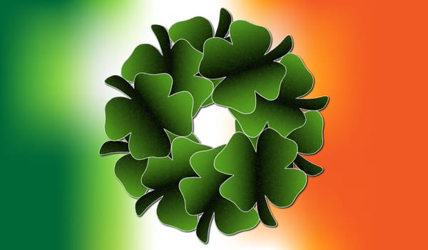 A four leaf clover wreath set as the centre of an Irish Flag background