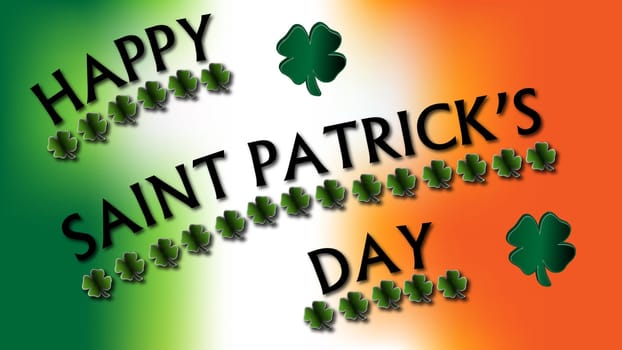 Happy Saint Patrick's Day written in text and underlined in four leaf clovers over top of an Irish flag colored background