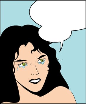 Illustration of a crying woman in a pop art/comic style and speech bubble