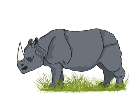 Large rhinoceros bull in the grass, cartoon art