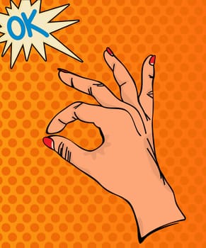 Pop Art illustration. OK Hand sign.