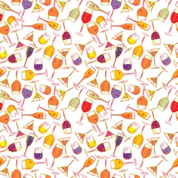 Seamless background with cocktail's in colors. Isolated objects on white background.