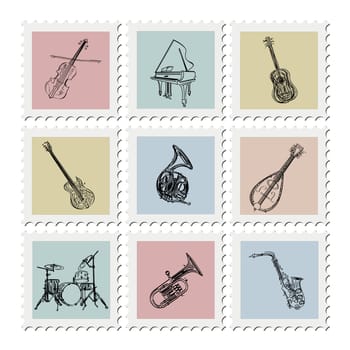 Stylized music instruments stamp collection on white background